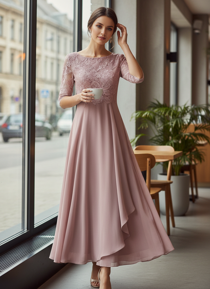 Champagne Women's Chiffon Maxi Dress with Lace Top and 3/4 Sleeves