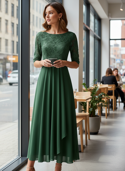 Champagne Women's Chiffon Maxi Dress with Lace Top and 3/4 Sleeves