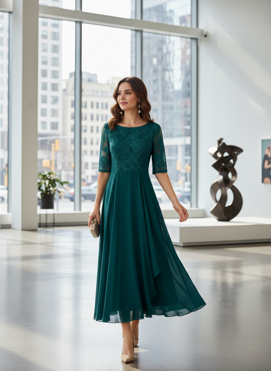 Champagne Women's Chiffon Maxi Dress with Lace Top and 3/4 Sleeves