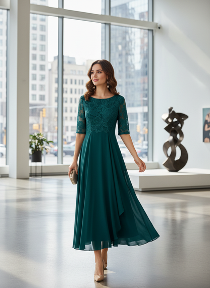 Champagne Women's Chiffon Maxi Dress with Lace Top and 3/4 Sleeves