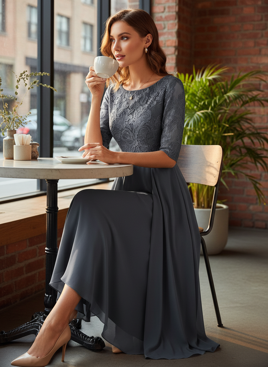 Champagne Women's Chiffon Maxi Dress with Lace Top and 3/4 Sleeves