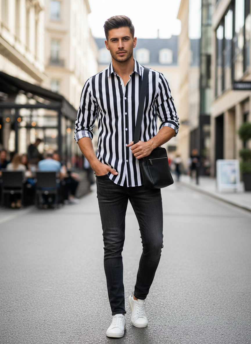 Men's Striped Long Sleeve Shirt with Kent Collar