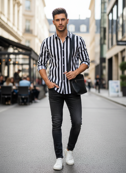 Men's Striped Long Sleeve Shirt with Kent Collar