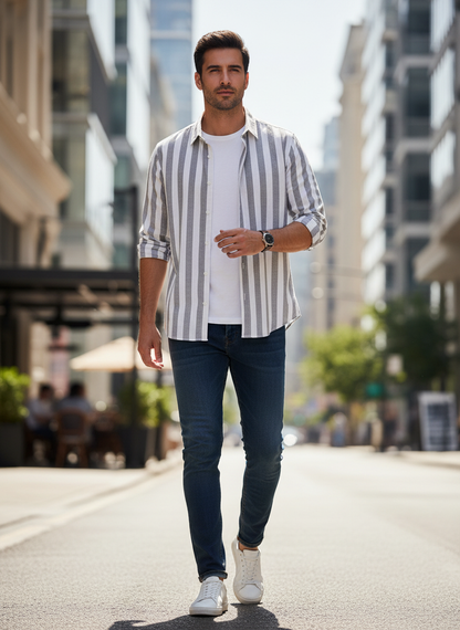 Men's Striped Long Sleeve Shirt with Kent Collar