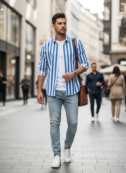 Men's Striped Long Sleeve Shirt with Kent Collar