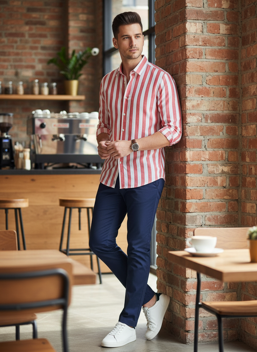 Men's Striped Long Sleeve Shirt with Kent Collar