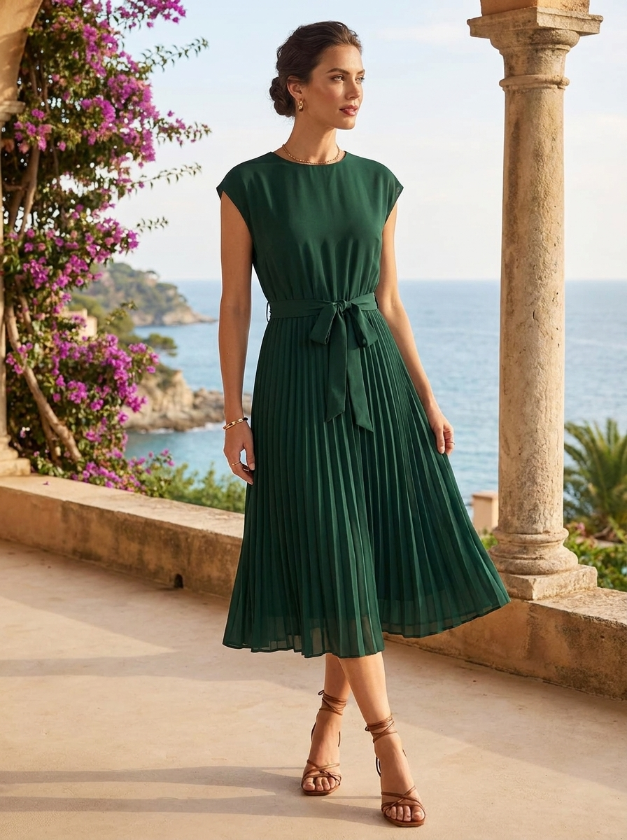 Women's Pleated Midi Dress | Belted