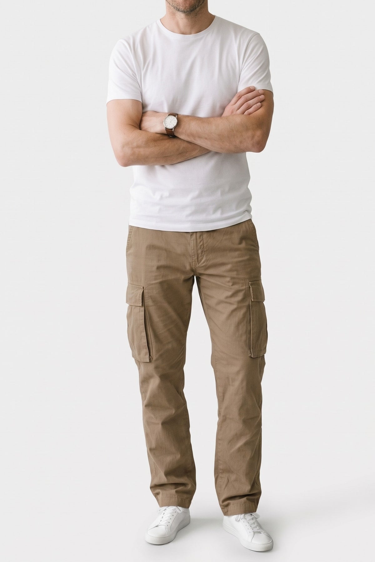Men's Cargo Pants | Drawstring Ankle Cuffs — Khaki — front view — on model