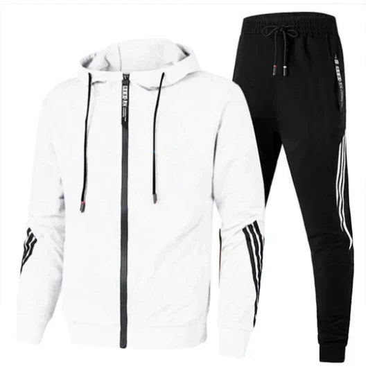 Men's zip-up hooded tracksuit set with striped sleeve panels and tapered joggers – 5