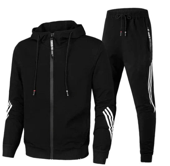 Men's zip-up hooded tracksuit set with striped sleeve panels and tapered joggers – 2