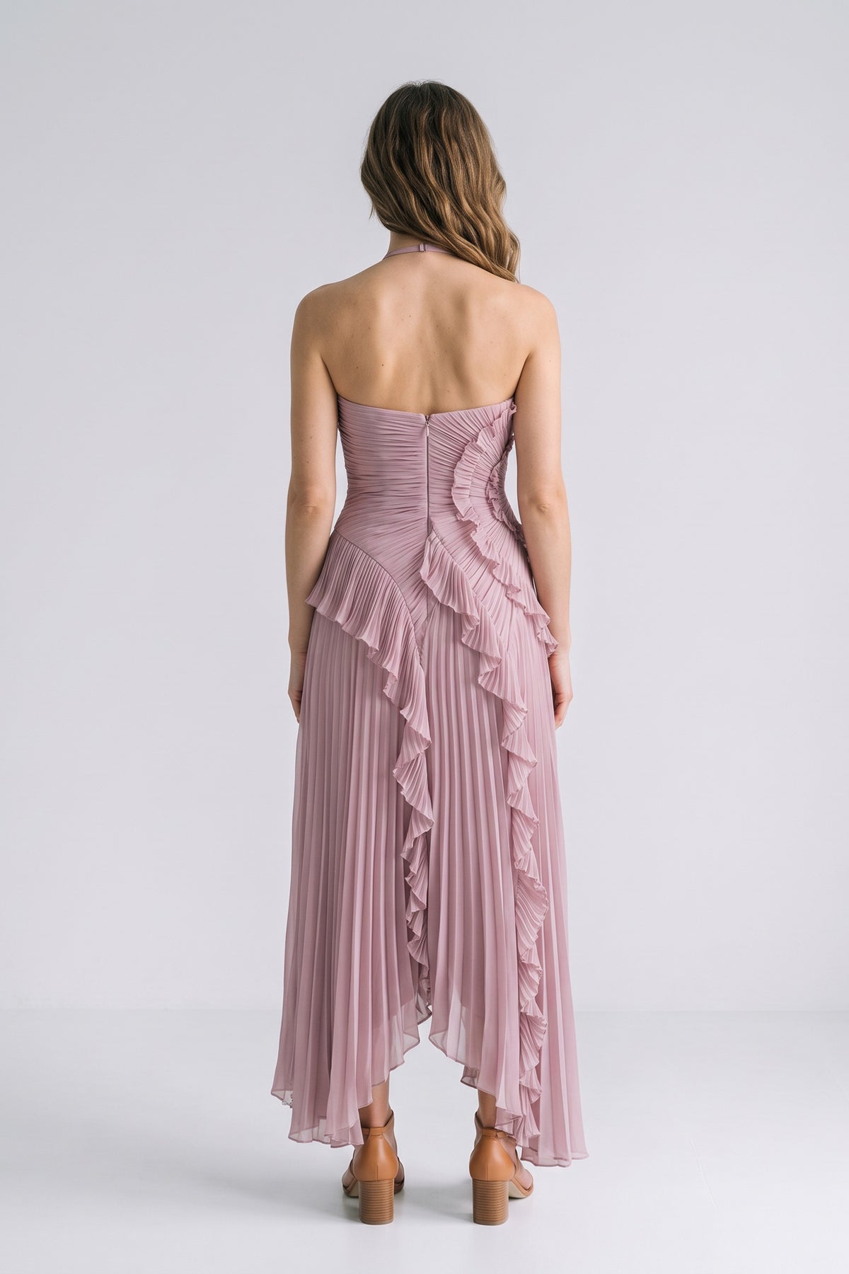 Women's Fall Wedding Guest Dress | Halter Ruffle High-Low — Lilac — back view — on model