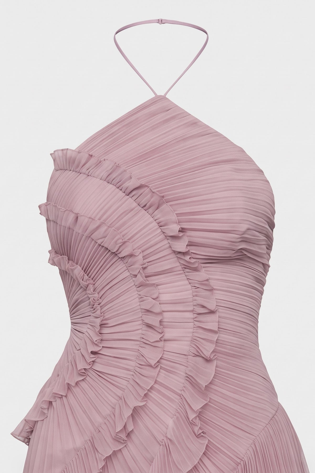 Women's Fall Wedding Guest Dress | Halter Ruffle High-Low — Lilac — detail — on model