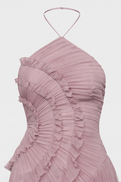 Women's Fall Wedding Guest Dress | Halter Ruffle High-Low — Lilac — detail — on model