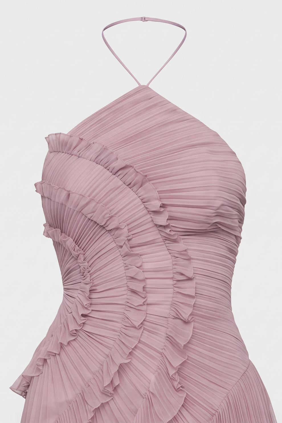 Women's Fall Wedding Guest Dress | Halter Ruffle High-Low — Lilac — detail — on model