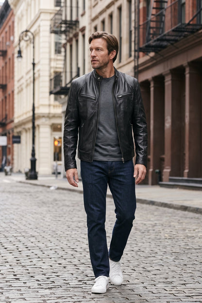 Men's Biker Jacket | Stand-Up Collar — Black — lifestyle — on model
