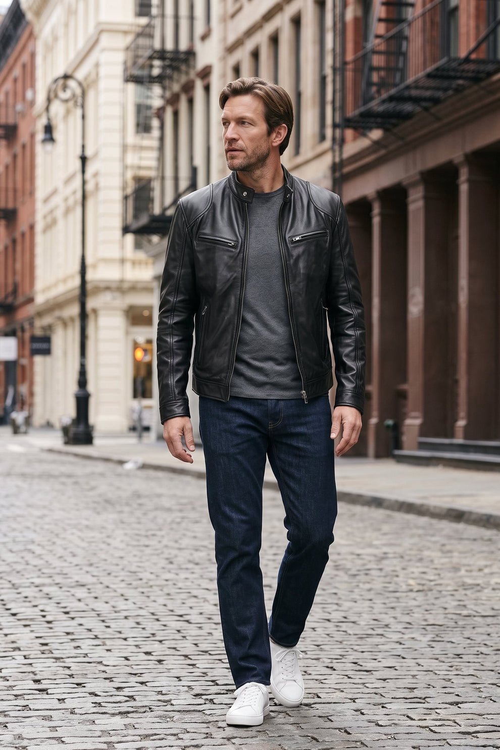 Men's Biker Jacket | Stand-Up Collar — Black — lifestyle — on model