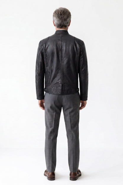 Men's Biker Jacket | Zip Cuffs — Black — back view — on model