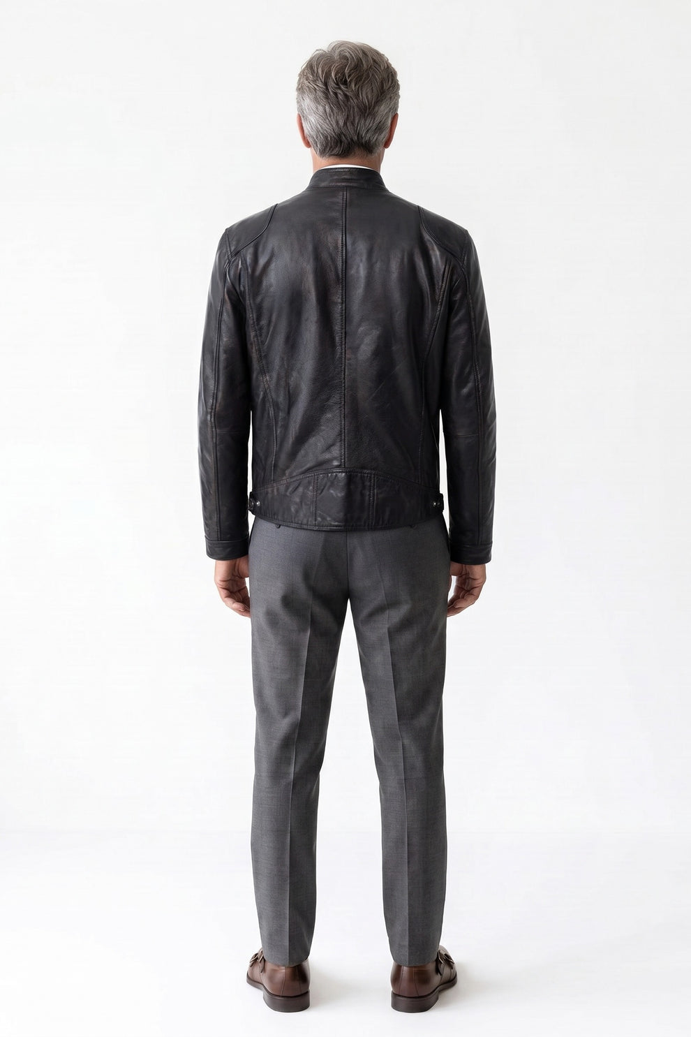 Men's Biker Jacket | Zip Cuffs — Black — back view — on model