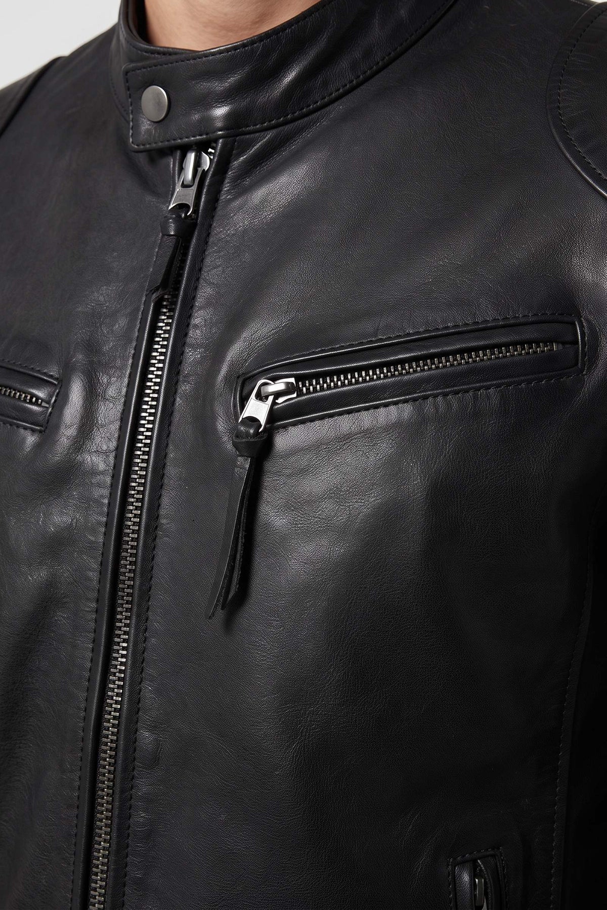 Men's Biker Jacket | Zip Cuffs — Black — detail — on model