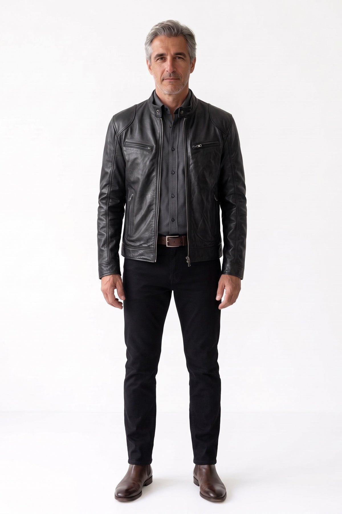 Men's Biker Jacket | Zip Cuffs — Black — front view — on model