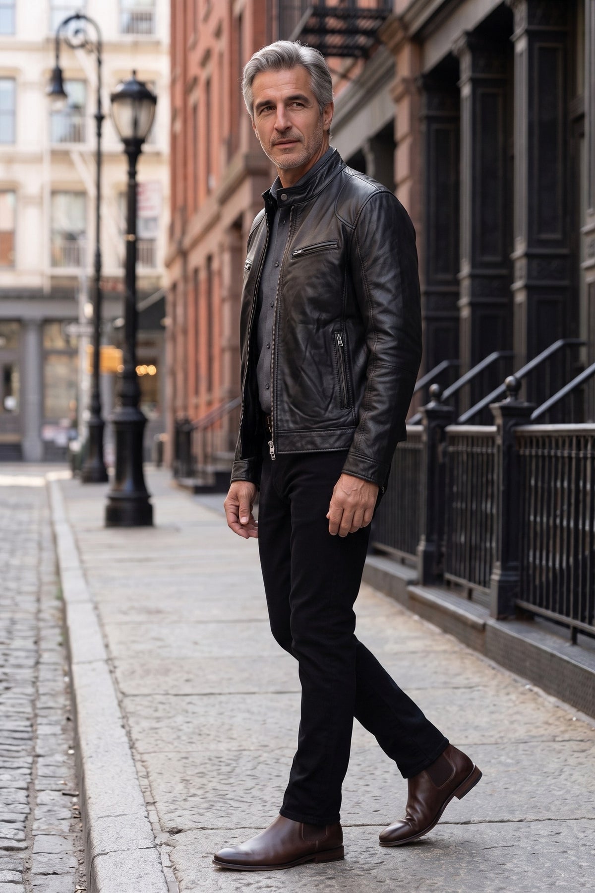 Men's Biker Jacket | Zip Cuffs — Black — lifestyle — on model