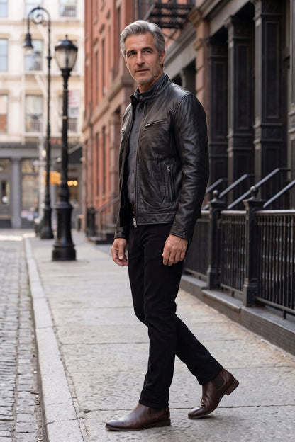 Men's Biker Jacket | Zip Cuffs — Black — lifestyle — on model