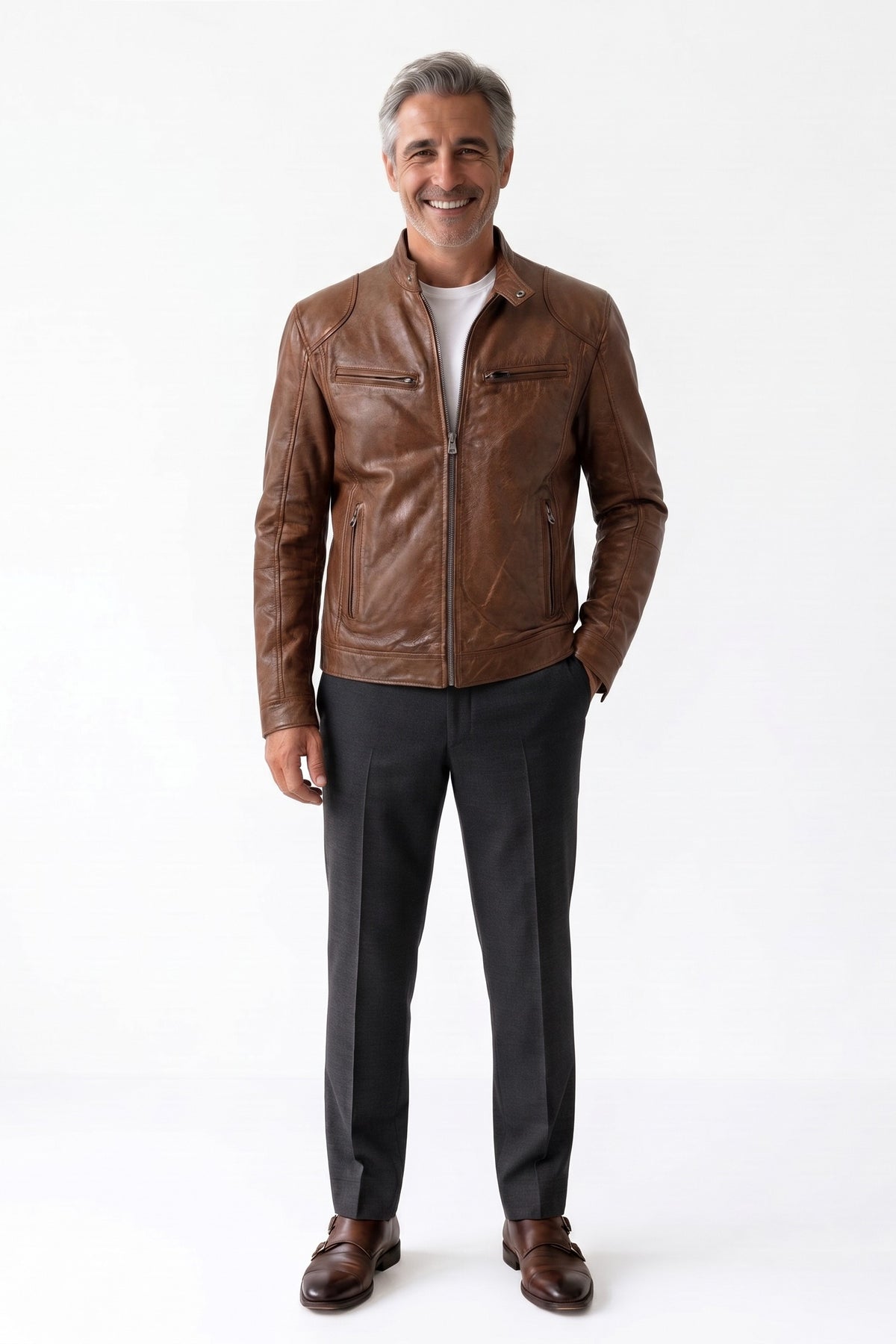 Men's Biker Jacket | Zip Cuffs — Khaki — front view — on model