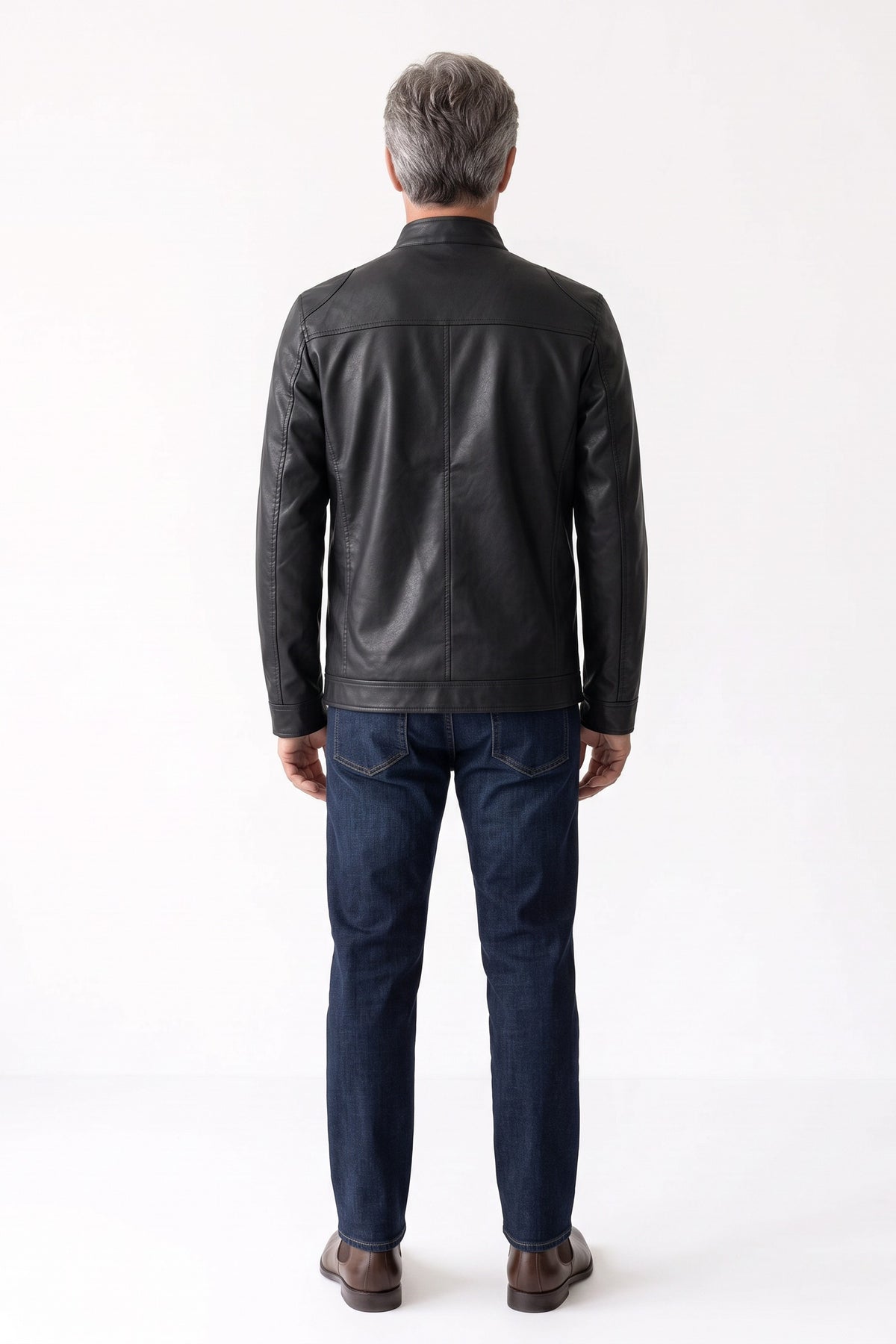 Men's Biker Jacket | Zip Pockets — Black — back view — on model