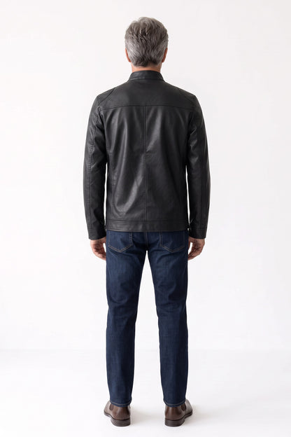 Men's Biker Jacket | Zip Pockets — Black — back view — on model