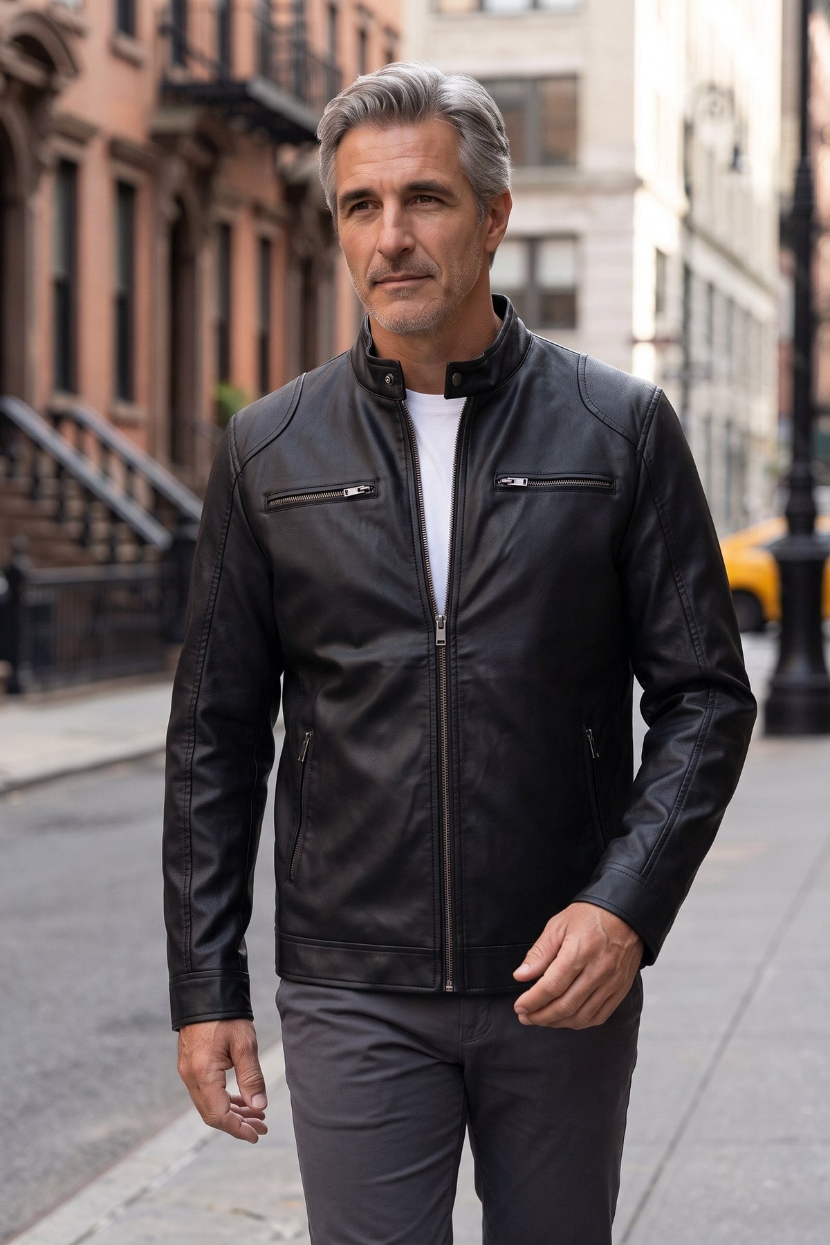 Men's Biker Jacket | Zip Pockets — Black — lifestyle — on model