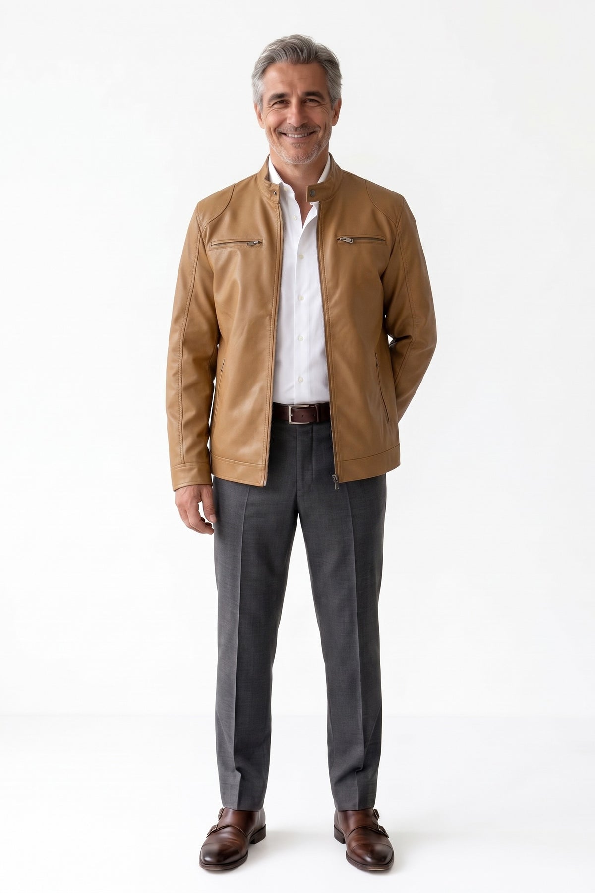Men's Biker Jacket | Zip Pockets — Brown — front view — on model