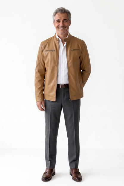 Men's Biker Jacket | Zip Pockets — Brown — front view — on model