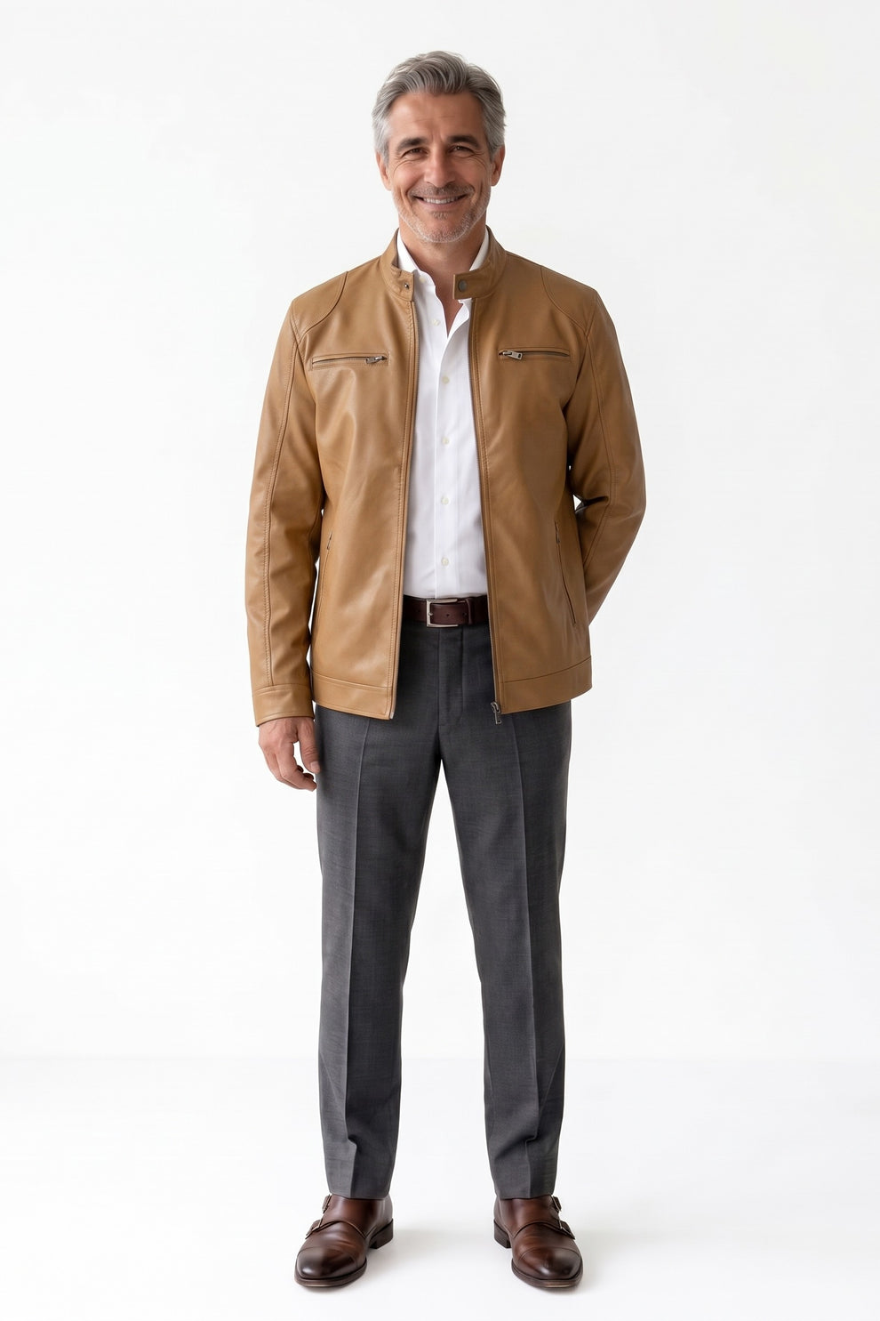 Men's Biker Jacket | Zip Pockets — Brown — front view — on model