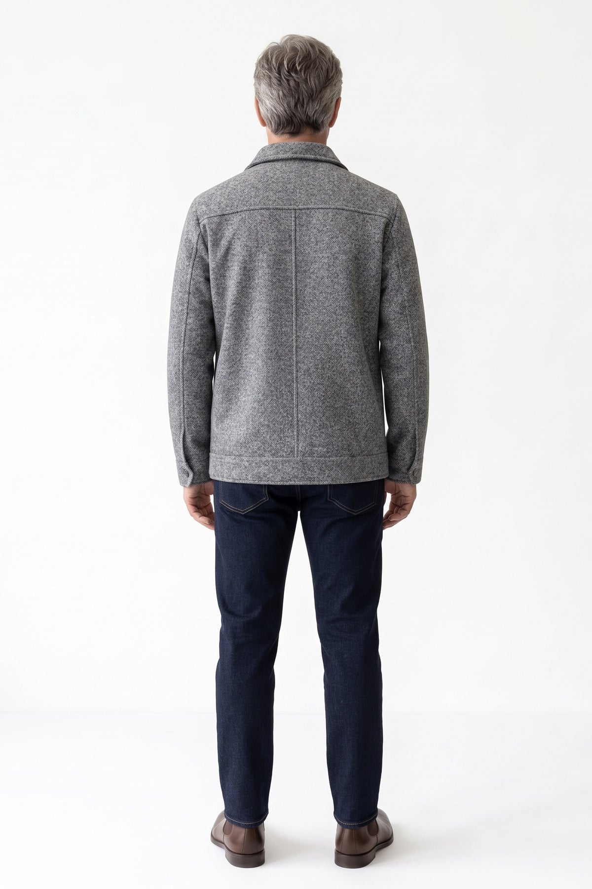 Men's Button-Front Jacket | Shirt Collar — Grey — back view — on model