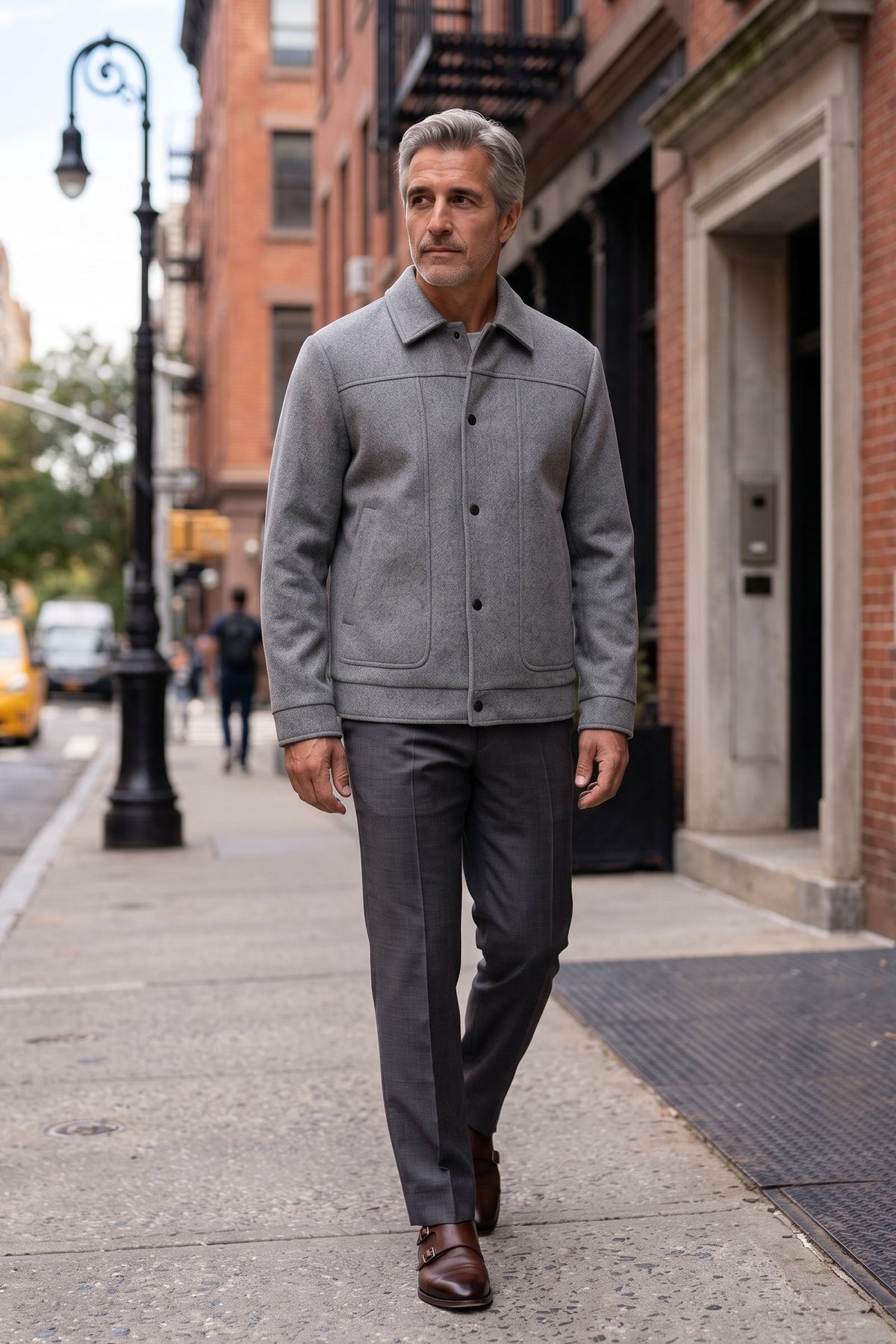 Men's Button-Front Jacket | Shirt Collar — Grey — lifestyle — on model