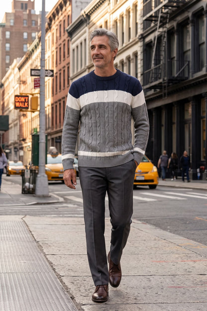 Men's Cable Sweater | Color-Block Crew — Grey — lifestyle — on model