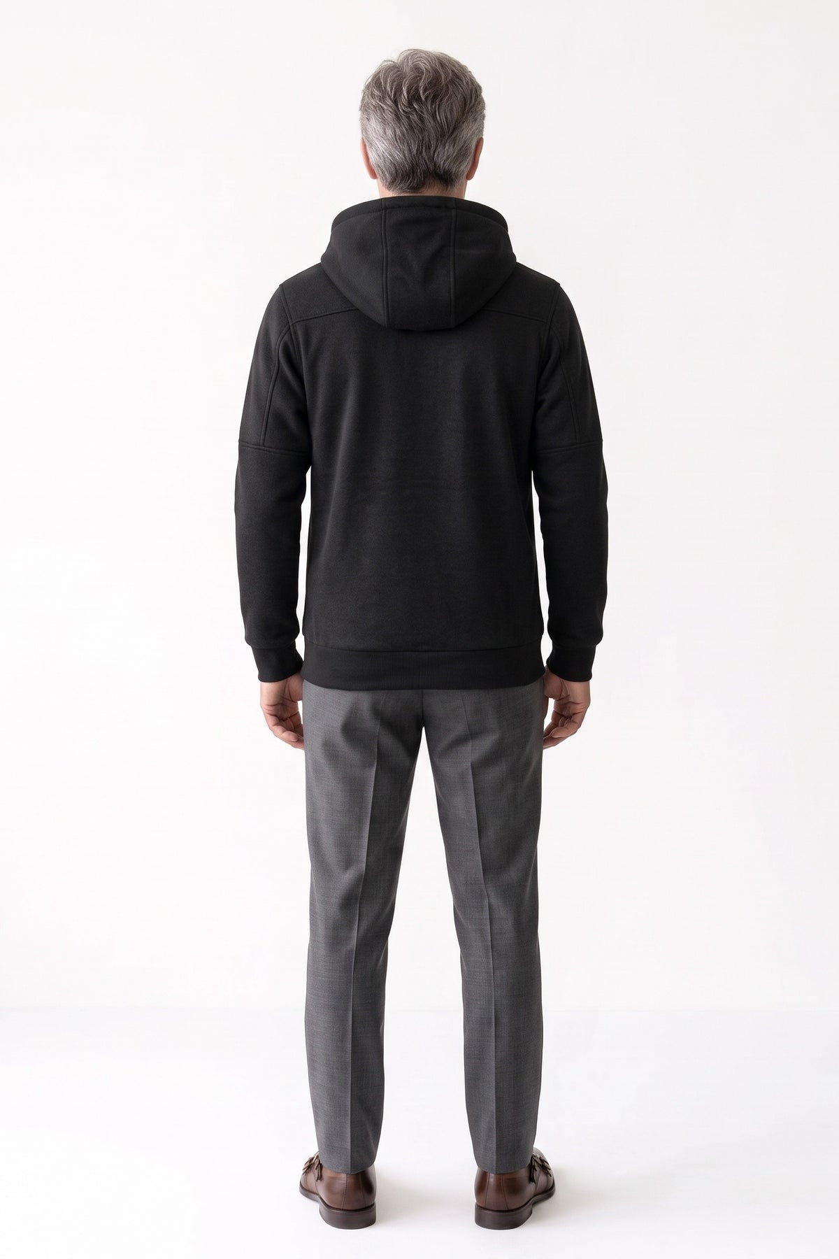Men's Casual Zip-Up Hoodie | Chest Pocket — Black — back view — on model