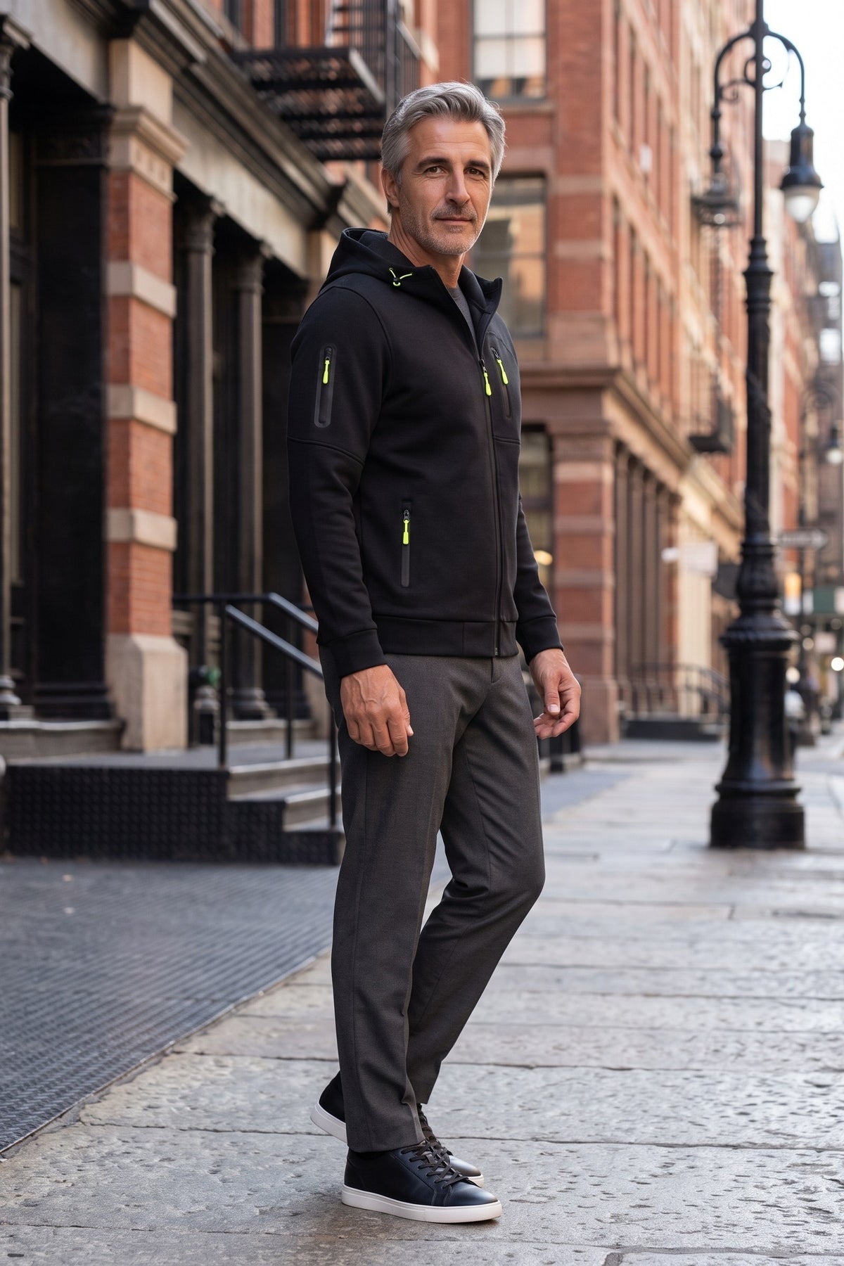 Men's Casual Zip-Up Hoodie | Chest Pocket — Black — lifestyle — on model