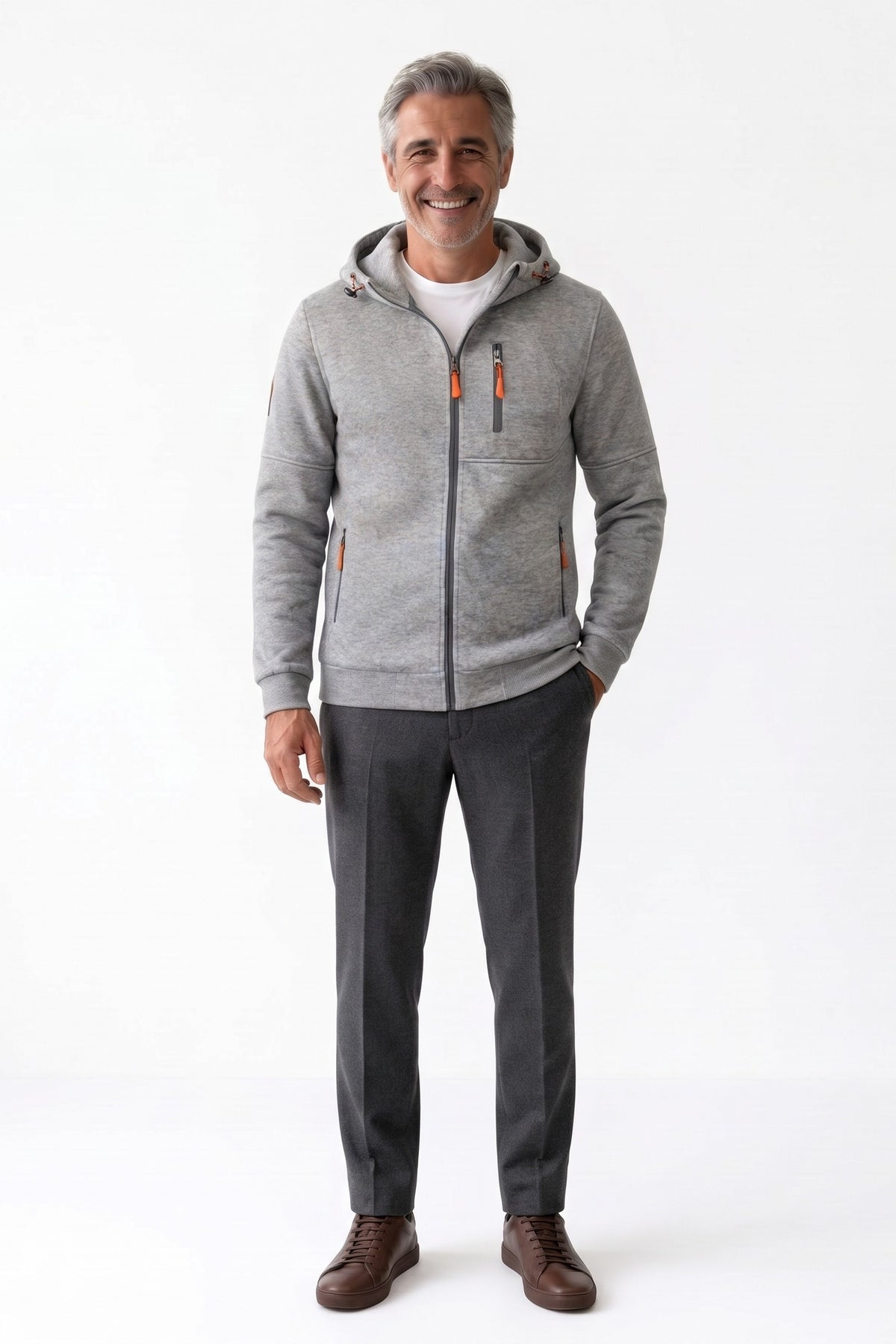 Men's Casual Zip-Up Hoodie | Chest Pocket — Light Grey — front view — on model