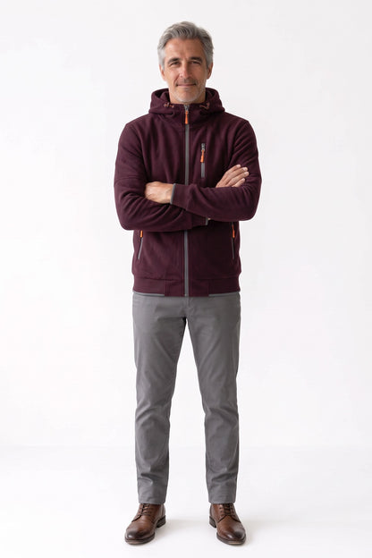 Men's Casual Zip-Up Hoodie | Chest Pocket — Red — front view — on model