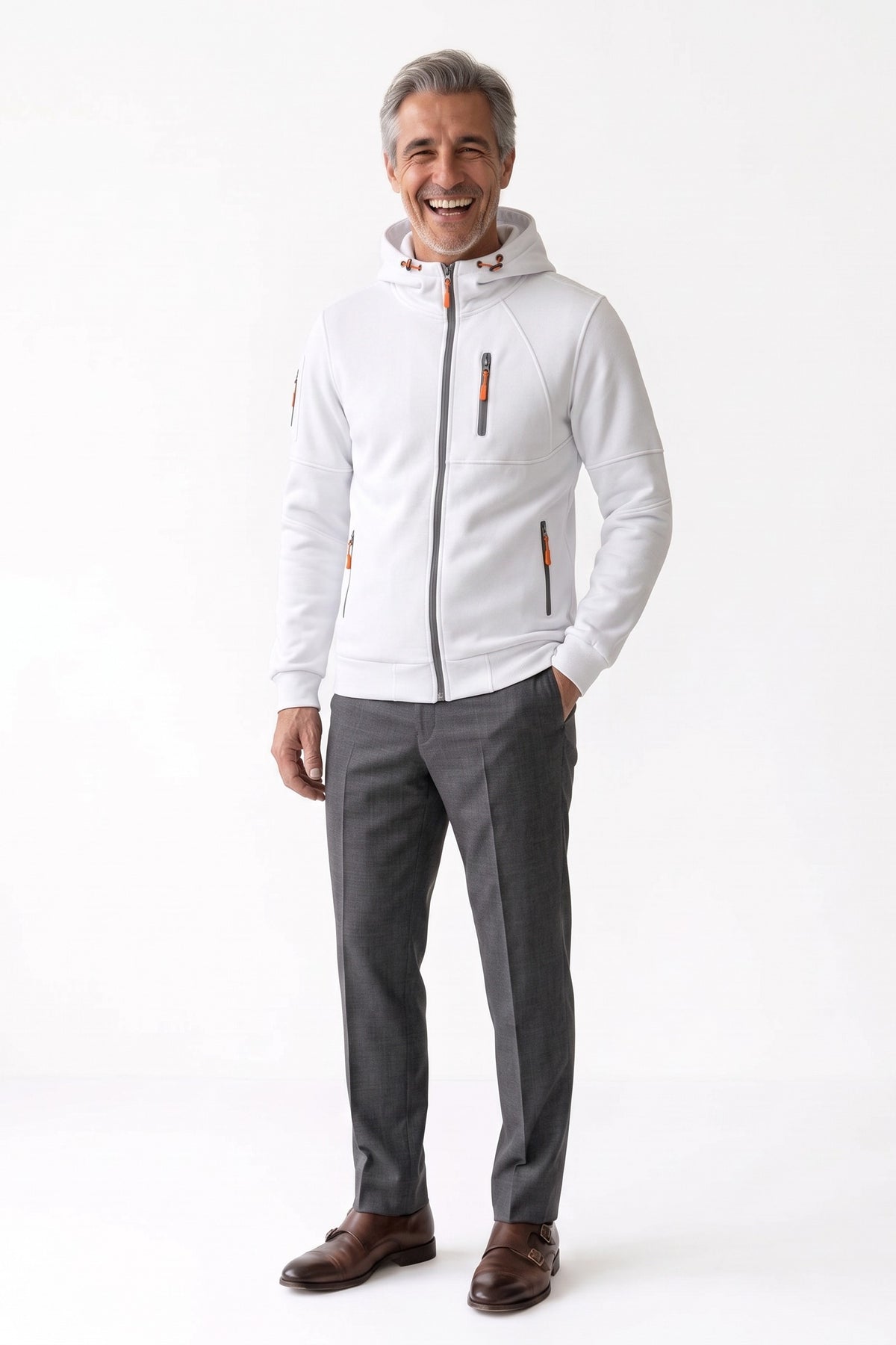 Men's Casual Zip-Up Hoodie | Chest Pocket — White — front view — on model