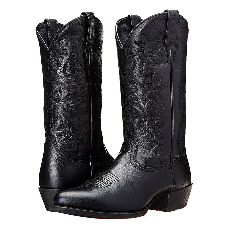 Men's black cowboy boots with pointed toe and stacked western heel