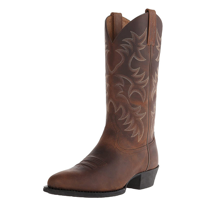 Men's brown cowboy boots with scroll stitching for a western outfit