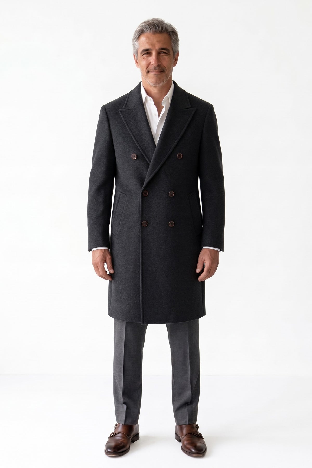 Men's Double-Breasted Coat | Peak Lapel — Black — front view — on model