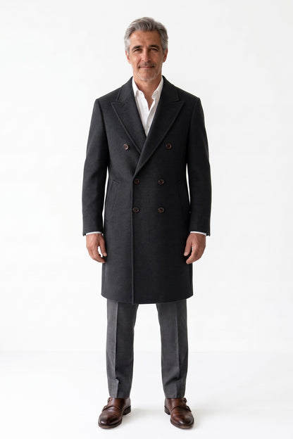 Men's Double-Breasted Coat | Peak Lapel — Black — front view — on model