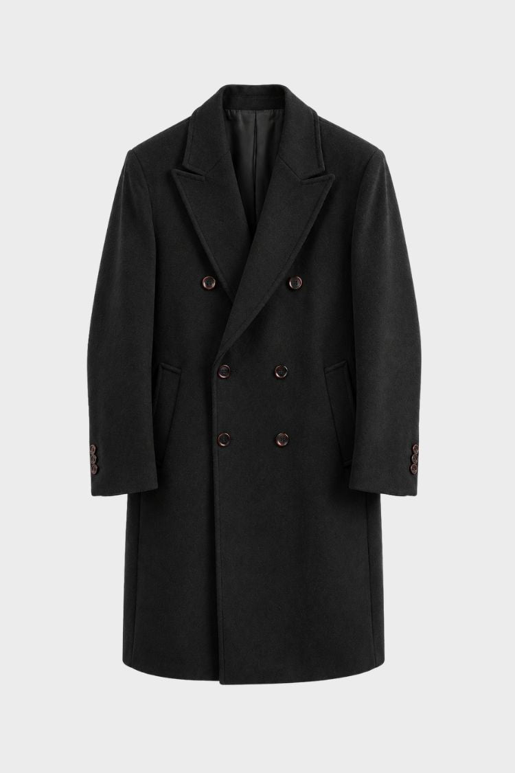 Men's double-breasted overcoat with peak lapel in black, front view