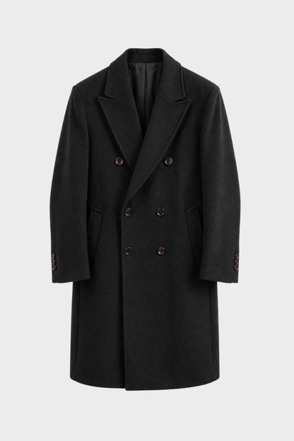 Men's double-breasted overcoat with peak lapel in black, front view