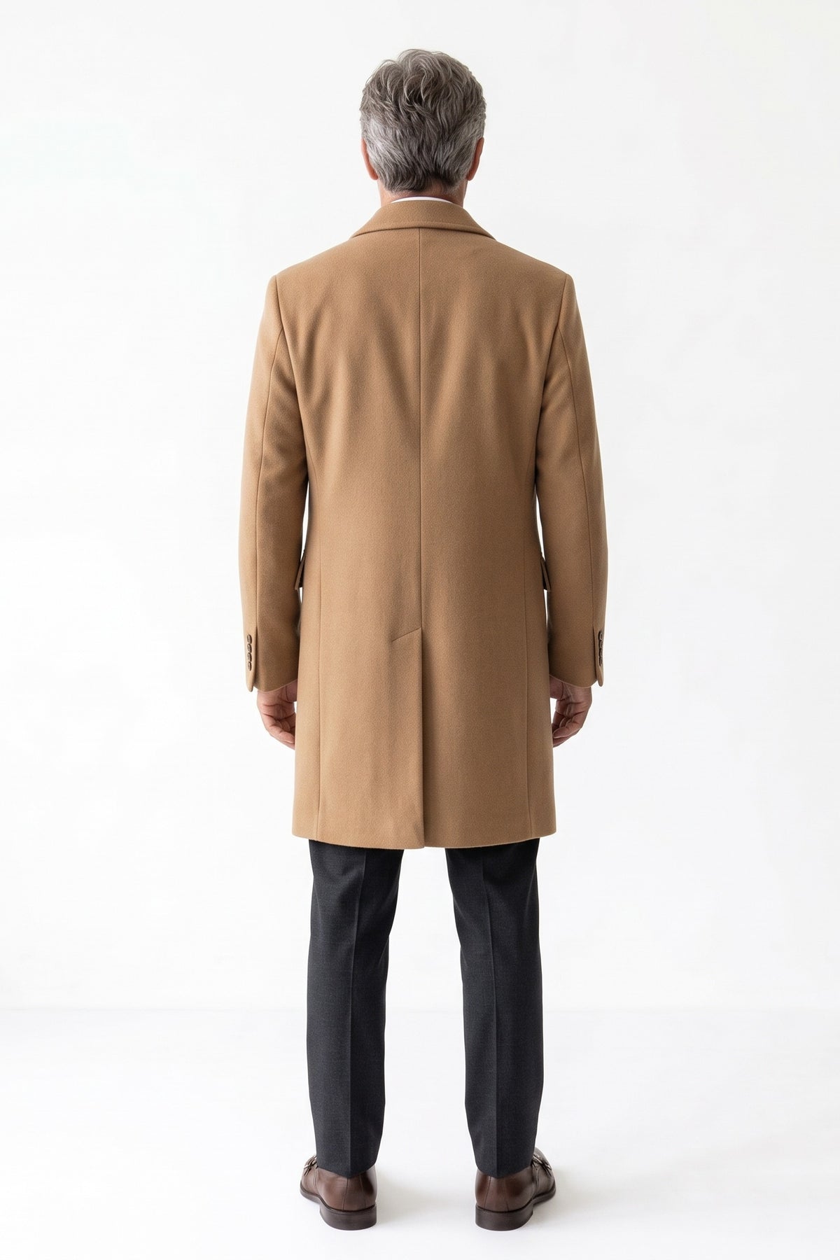 Men's Double-Breasted Coat | Peak Lapel — Khaki — back view — on model
