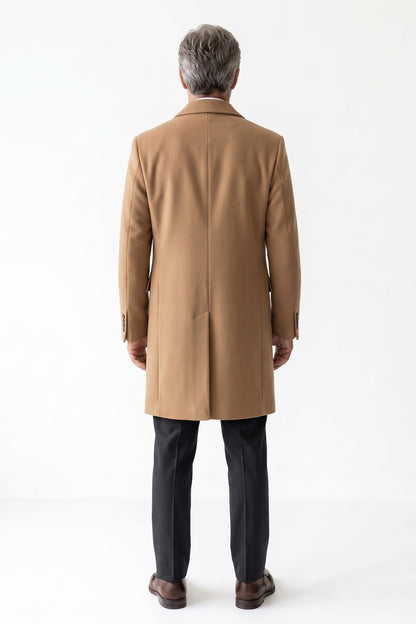 Men's Double-Breasted Coat | Peak Lapel — Khaki — back view — on model