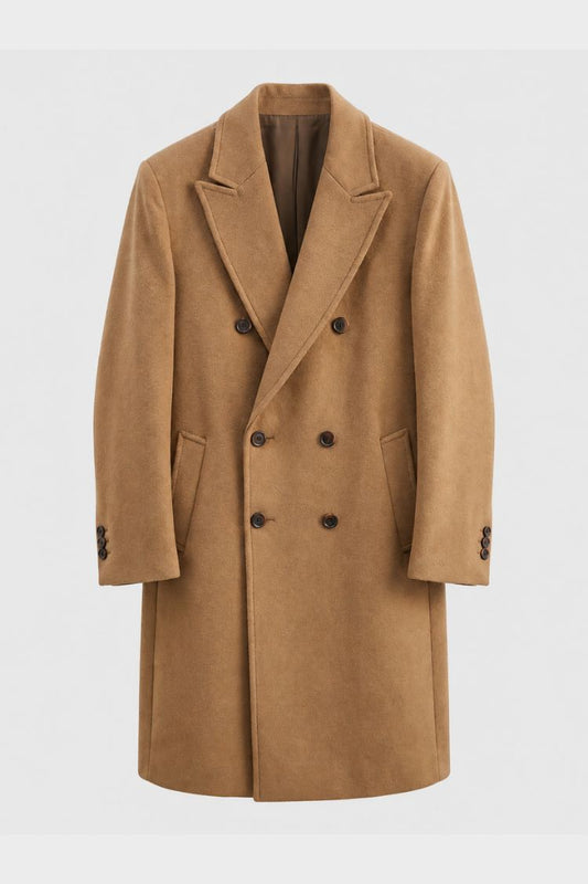 Men's double-breasted overcoat with peak lapel in khaki, front view